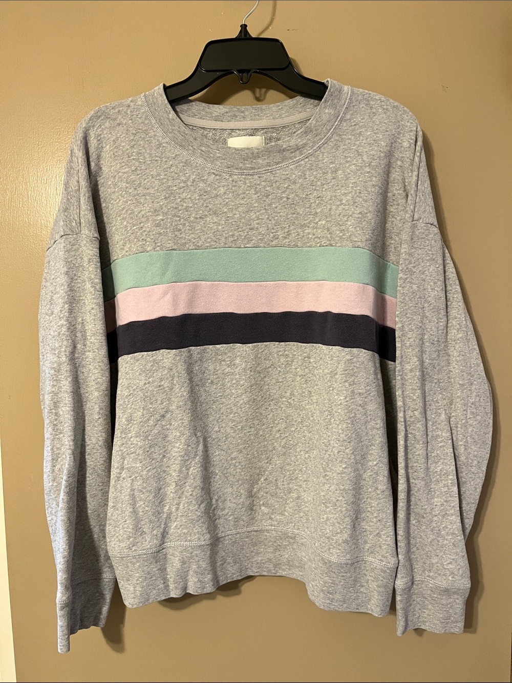American Eagle Outfitters Gray Crewneck with Mint, Pink & Navy Stripes